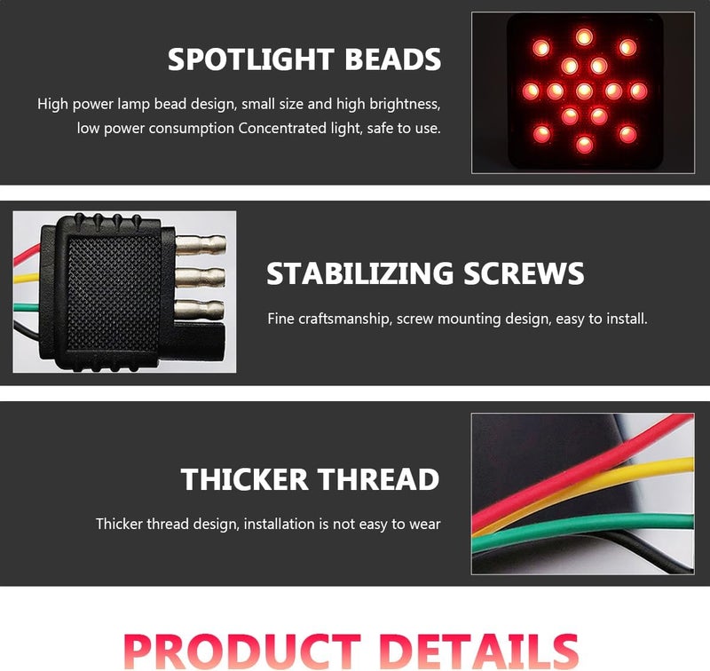 NYTKL 15 LED Brake Light Trailer Hitch Cover, Smoked Lens Square Brake Tail Light w/Trailer Adapter Pin, 12V Super Bright LED Towing Hitch Lighting Accessories Fit 2" Receiver (Black) - Image 3